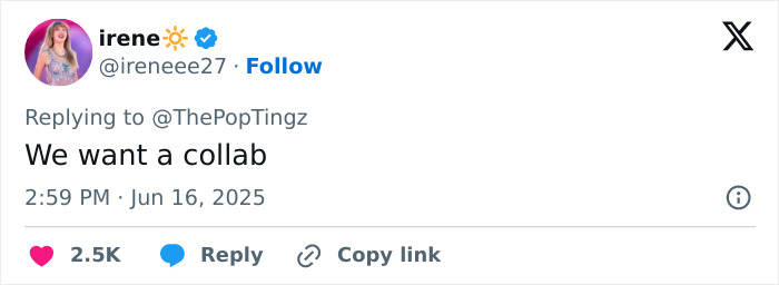 Tweet from user irene expressing desire for a collab, related to nepopetism and reactions to celebrity family ties.