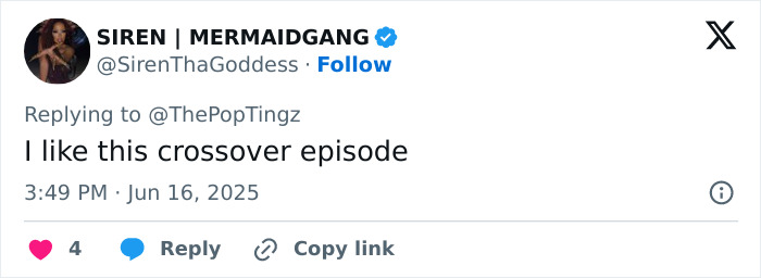 Tweet from Siren MermaidGang reacting humorously to a revelation about nepotism involving Pope Leo XIV and Madonna.