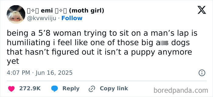 Tweet about the humorous struggle of a tall woman trying to sit on a man's lap, featured in best tweets that c*****d people up.