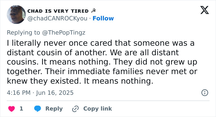 Tweet discussing reactions to distant family ties, highlighting nepo petism debates around Pope Leo XIV and Madonna.