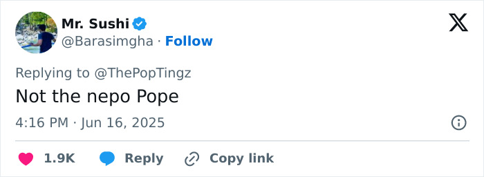 Screenshot of a tweet reacting to nepopeism, joking about Pope Leo XIV and Madonna being cousins.