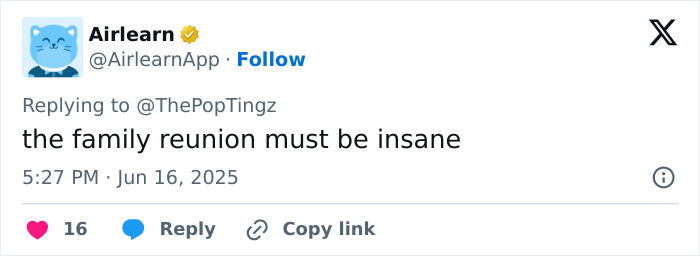 Screenshot of a tweet reacting hilariously to the nepotism revelation involving Pope Leo XIV and Madonna as cousins.