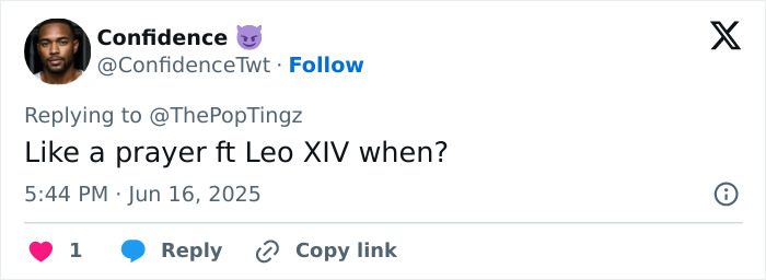 Tweet from user Confidence asking about a prayer featuring Leo XIV, reflecting reactions to nepo petism revelations.