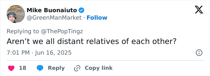 Screenshot of a humorous Twitter reply about nepotism questioning if we are all distant relatives of each other.