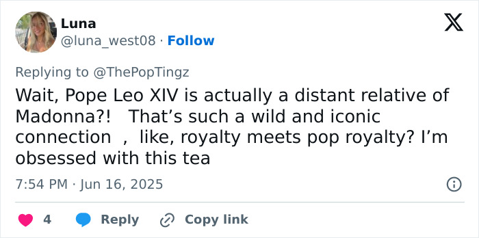 Tweet by user Luna reacting to Pope Leo XIV and Madonna being distant relatives, highlighting nepopetism discussions.