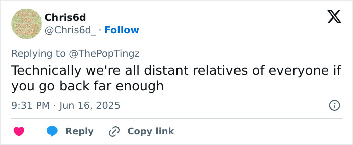 Tweet discussing the concept of nepotism with a humorous take on distant relatives and family connections.