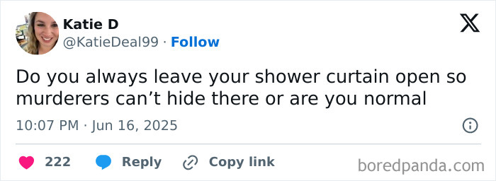 Screenshot of a funny tweet about shower curtains, featured among the best tweets that c*****d people up this June.