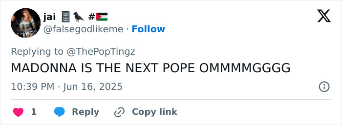 Social media comment humorously reacting to nepo petism claims linking Pope Leo XIV and Madonna as cousins.