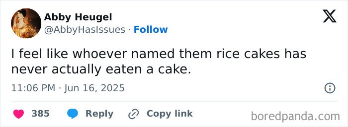 Tweet humor about rice cakes, showcasing one of the best tweets that c*****d people up this June 2025.
