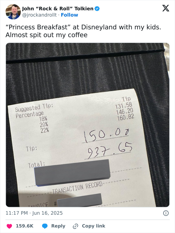Handwritten tip and total on Disneyland breakfast bill causing shock and people mocking dad over $1K meal cost. Handwritten tip and total on Disneyland breakfast bill causing shock and people mocking dad over $1K meal cost.