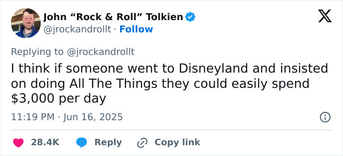 Tweet discussing high Disneyland breakfast bill and potential daily expenses, highlighting shock over costly theme park dining. Tweet discussing high Disneyland breakfast bill and potential daily expenses, highlighting shock over costly theme park dining.