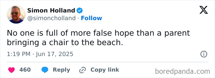 Tweet about parenting humor by Simon Holland, joking about parents bringing chairs to the beach, from X posts on parenting.
