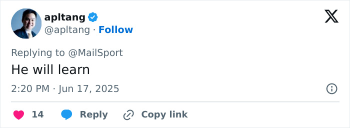 Screenshot of a tweet by influencer apltang replying to MailSport, discussing backlash after vacationing with minor.