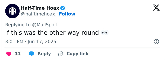 Tweet from Half-Time Hoax responding to MailSport, commenting on a controversial influencer vacationing with a minor after backlash.