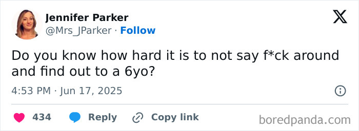 Tweet from Jennifer Parker humorously describing challenges of parenting a 6-year-old, highlighting funny parenting posts.