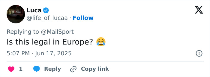A screenshot of a tweet questioning legality in Europe with laughing emoji, related to influencer and minor vacation backlash.