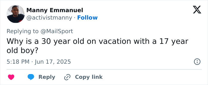 Tweet discussing influencer aged 29 seen vacationing with a minor, sparking backlash and public questions.