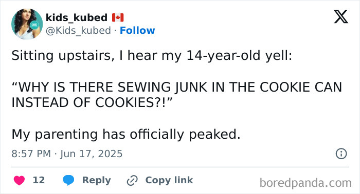 Screenshot of a humorous parenting post on X about a teen finding sewing junk instead of cookies, highlighting funny parenting moments.