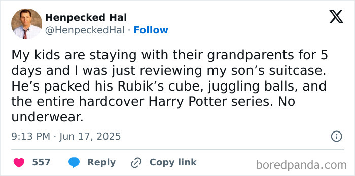 Screenshot of a funny parenting post on X about a child packing toys but no underwear, highlighting humorous parenting moments.