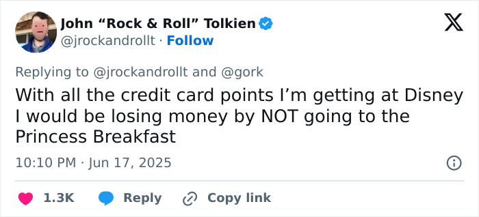 Tweet discussing credit card points and Princess Breakfast at Disney, relating to reactions on a $1K Disneyland breakfast bill. Tweet discussing credit card points and Princess Breakfast at Disney, relating to reactions on a $1K Disneyland breakfast bill.