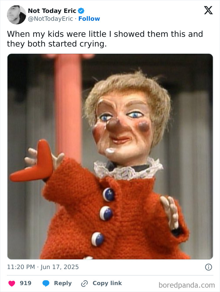 Puppet character in an orange coat shared in a funny parenting post on social media about kids and childhood memories.