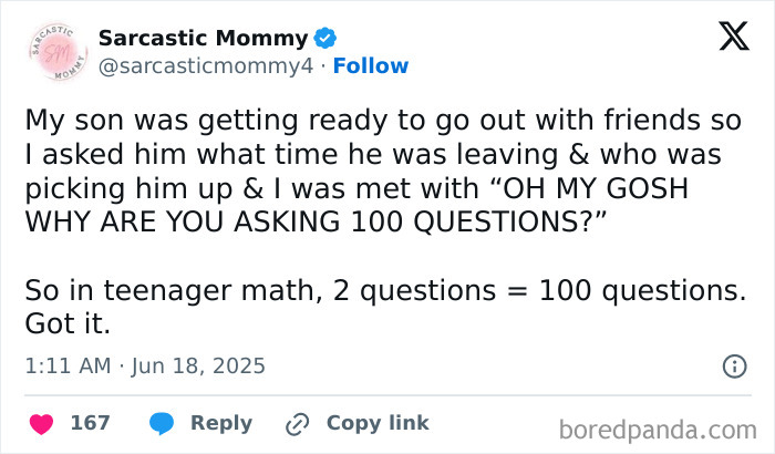 Parenting humor tweet about teenage math confusion, shared on X, highlighting funny moments in parenting posts.