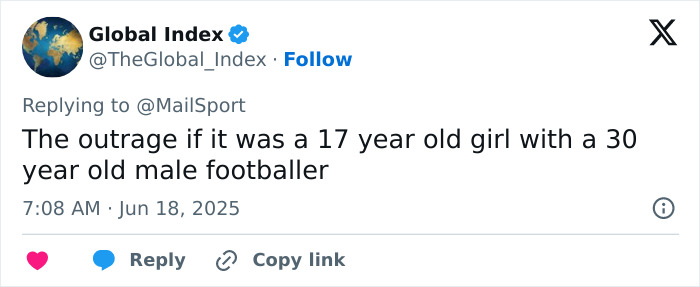 Tweet from Global Index discussing outrage over age difference involving influencer and minor amid backlash.