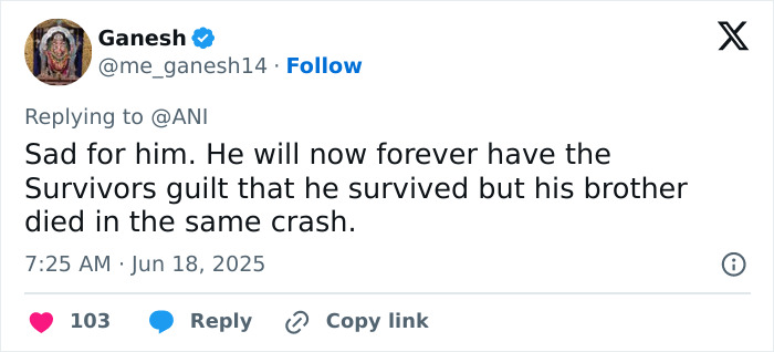 Tweet expressing sympathy for sole survivor of Air India crash, highlighting survivor's guilt over brother&rsquo;s death in same crash.
