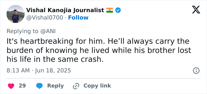 Tweet by journalist Vishal Kanojia sharing a heartbreaking message about the sole survivor of Air India crash and his brother.
