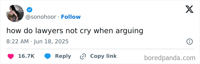 Tweet humor about lawyers not crying during arguments, featured among the best tweets that c*****d people up this June.