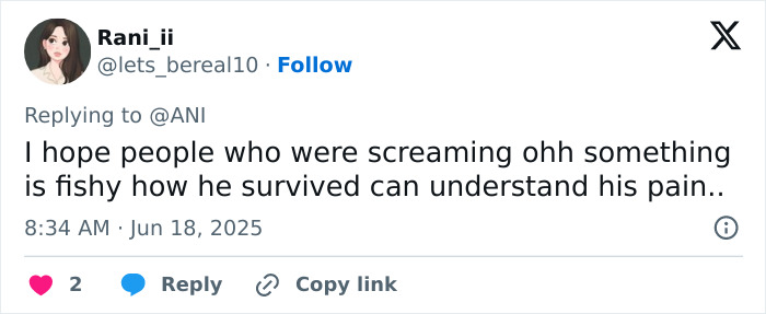 Tweet expressing hope that people understand the pain of the sole survivor of Air India crash who lost his brother sitting beside him.