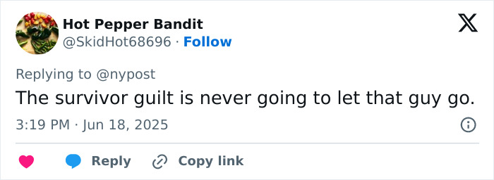 Tweet by user Hot Pepper Bandit expressing survivor guilt related to Air India crash sole survivor&rsquo;s heartbreaking final act.