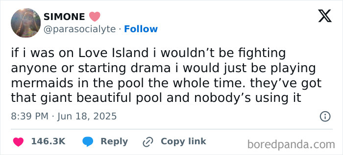 Tweet screenshot with a humorous message about Love Island and enjoying the pool, part of best tweets that c*****d people up in June.
