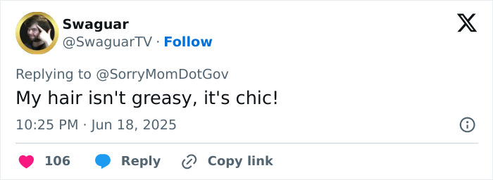 Tweet by user Swaguar joking about depression hairstyle trend, humorously defending greasy hair as chic in millennials and Gen Z context.
