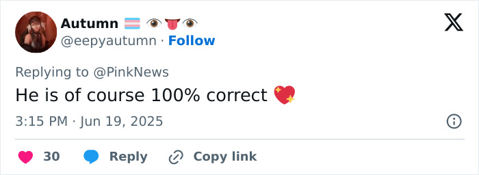 Screenshot of a tweet by Autumn replying to PinkNews, supporting Stephen Fry&rsquo;s brutal takedown of J.K. Rowling.