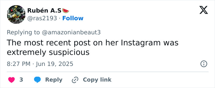 Screenshot of a Twitter reply stating the most recent Instagram post was extremely suspicious.