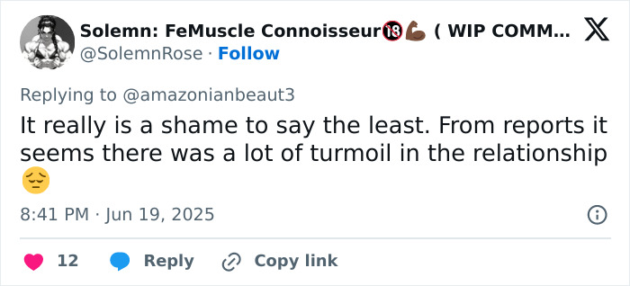 Tweet about turmoil in relationship of bodybuilder dubbed She Hulk, highlighting concerns over women&rsquo;s safety and violence risks.