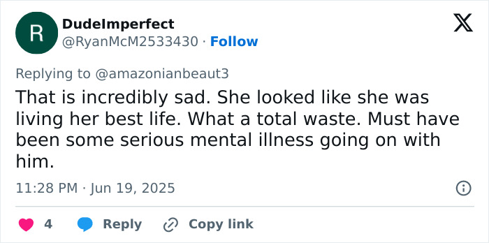 Tweet expressing sadness over the bodybuilder dubbed She Hulk fatally harmed by husband, highlighting women's safety concerns.