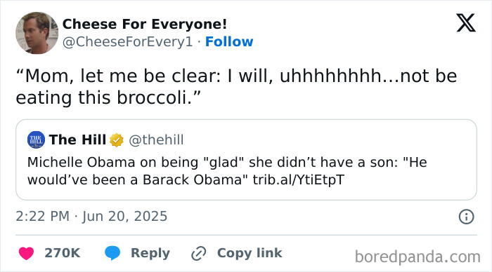 Tweet humor with broccoli refusal, showcasing one of the best tweets that c*****d people up this June for viral laughter.