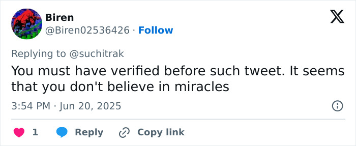 Screenshot of a tweet criticizing disbelief in miracles, related to Air India crash miracle survivor controversy.