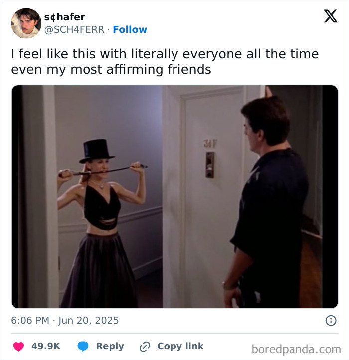 Tweet showing a humorous scene where a woman in a top hat pulls a whip near a man, part of best tweets that c*****d people up.