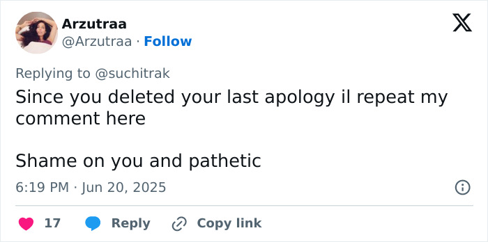 Screenshot of a Twitter reply where an actress accuses an Air India crash miracle survivor of lying, sparking outrage.