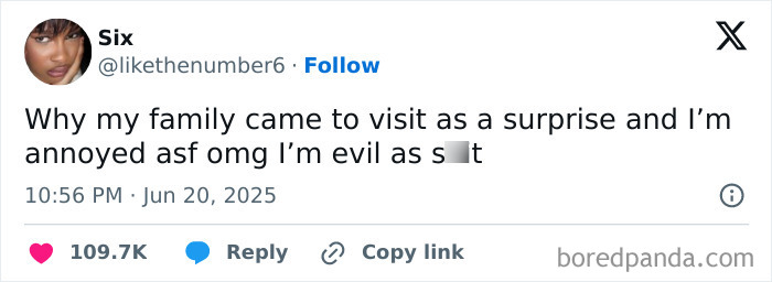 Screenshot of a humorous tweet expressing annoyance at a surprise family visit, part of the best tweets that c*****d people up.