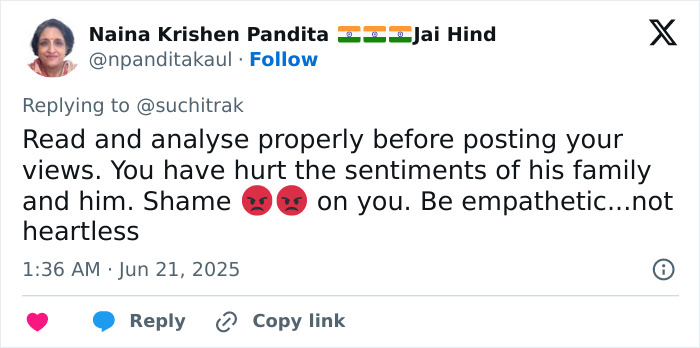 Twitter user criticizes heartless actress for accusing Air India crash miracle survivor of lying, sparking outrage online.
