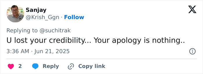 Screenshot of a Twitter reply criticizing an apology amid controversy involving Air India crash miracle survivor claims.