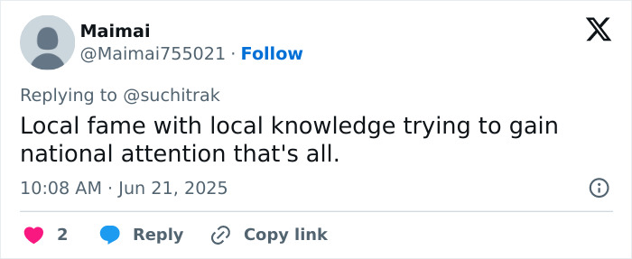 Screenshot of a social media reply criticizing local fame amid controversy involving Air India crash miracle survivor claims.