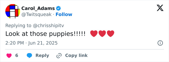 Tweet from Carol_Adams expressing excitement about puppies with heart emojis, related to Kate Middleton and Prince William.