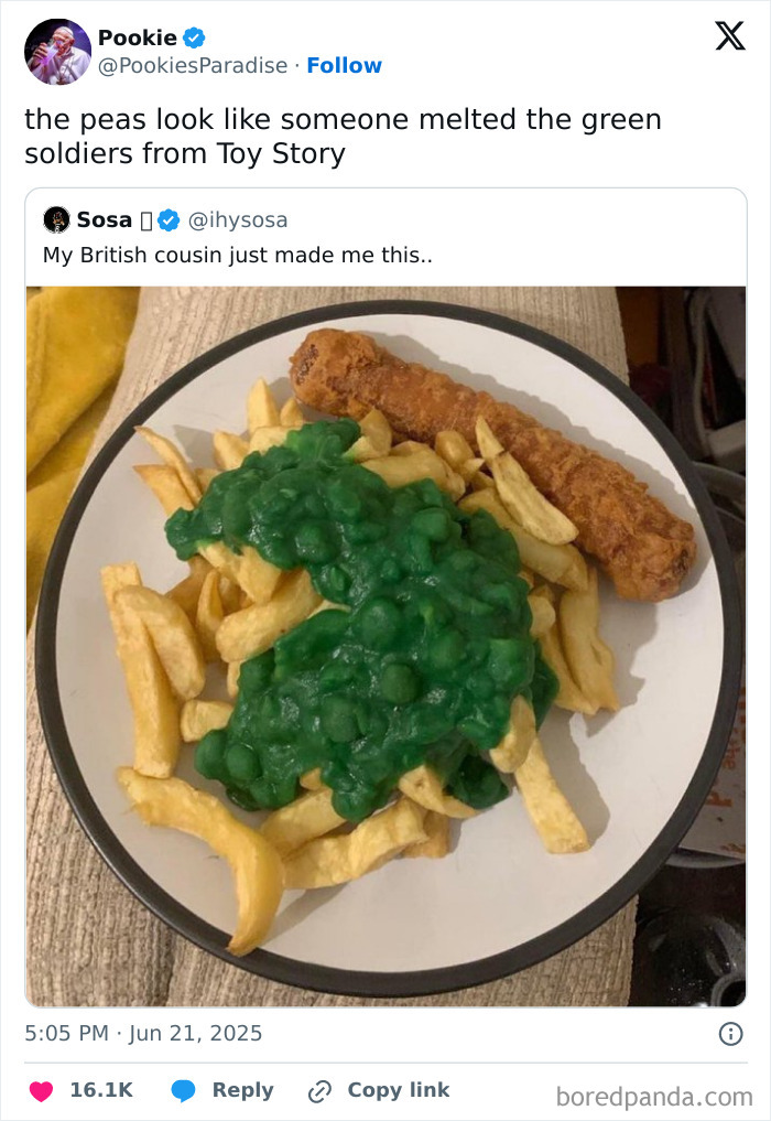 A humorous tweet showing a British meal with green peas over fries, one of the best tweets that c*****d people up in June.