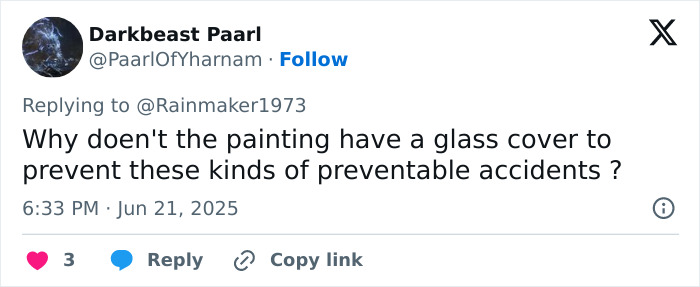 Twitter user questions lack of glass cover on 18th century painting after tourist damages artwork taking selfie in Italy.