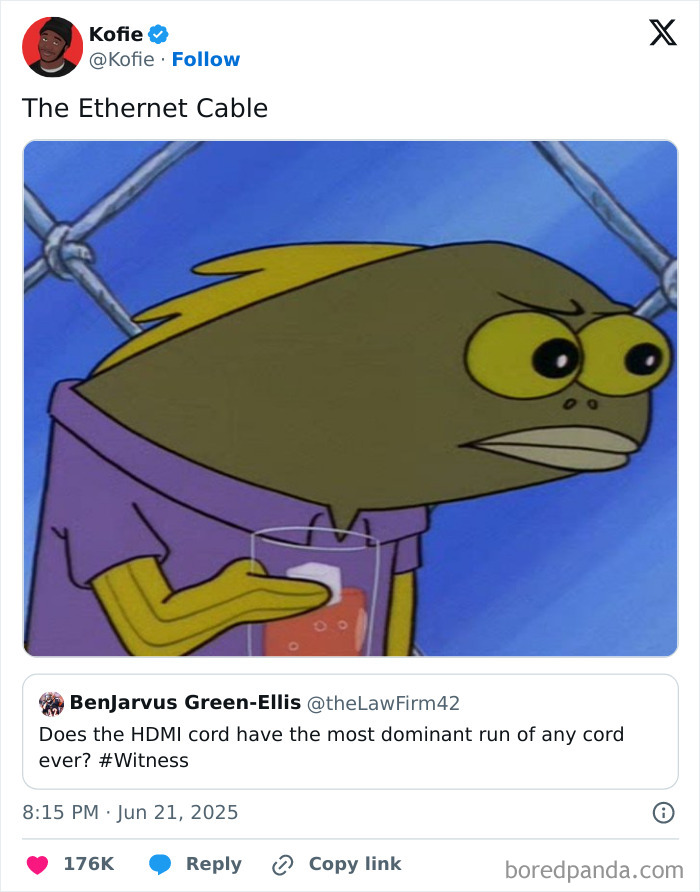 Cartoon fish meme representing an Ethernet cable in a viral tweet from the best tweets that c*****d people up this June.
